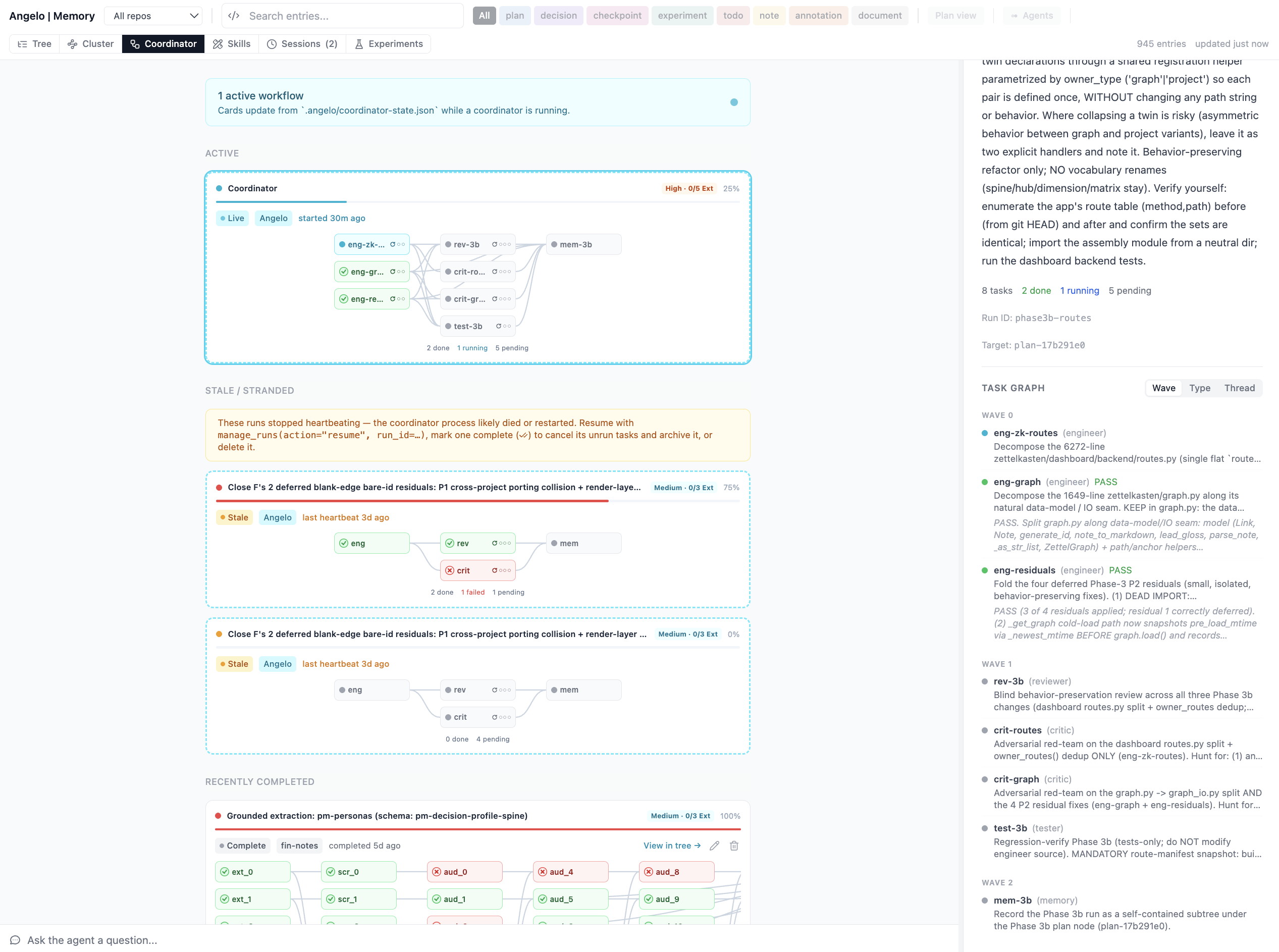 The memory dashboard Coordinator tab: an active coordinator run with its task graph, plus stale and recently completed runs