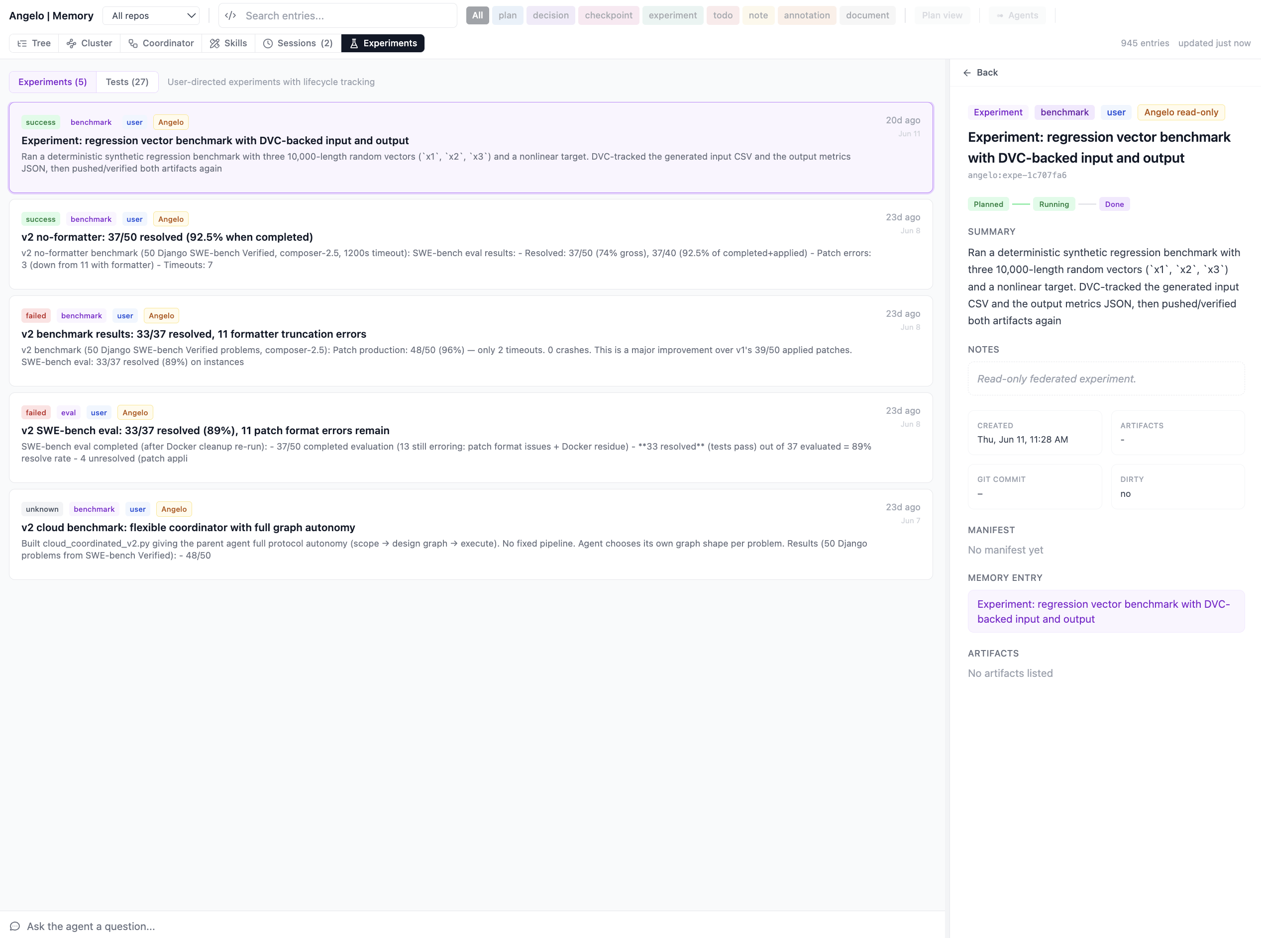 The memory dashboard Experiments tab: a list of experiment runs with pass/fail status, tags, and DVC-backed manifests, split from lighter tests
